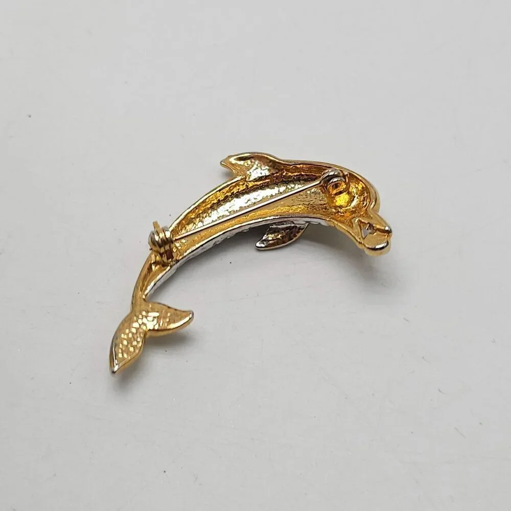 Gold Silver Dolphin Pin With Blue Clear Rhinestones Elegant Ocean-Inspired